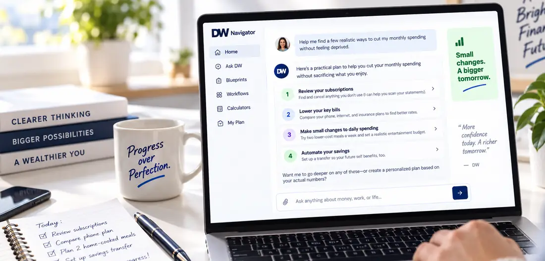 A person planning their finances at a bright home desk with DW Navigator open on a laptop