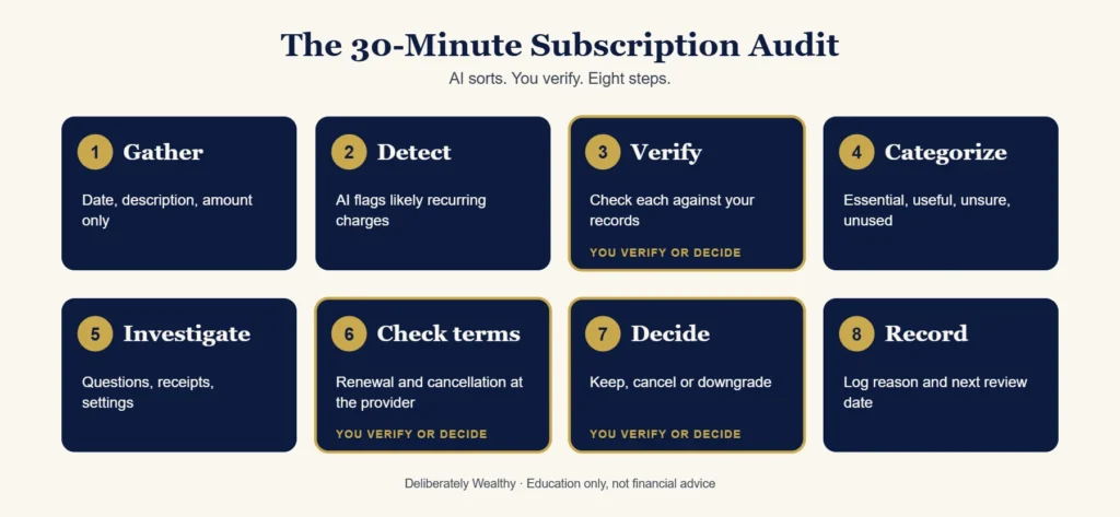 Eight-step subscription audit: gather, detect, verify, categorize, investigate, check terms, decide, record.