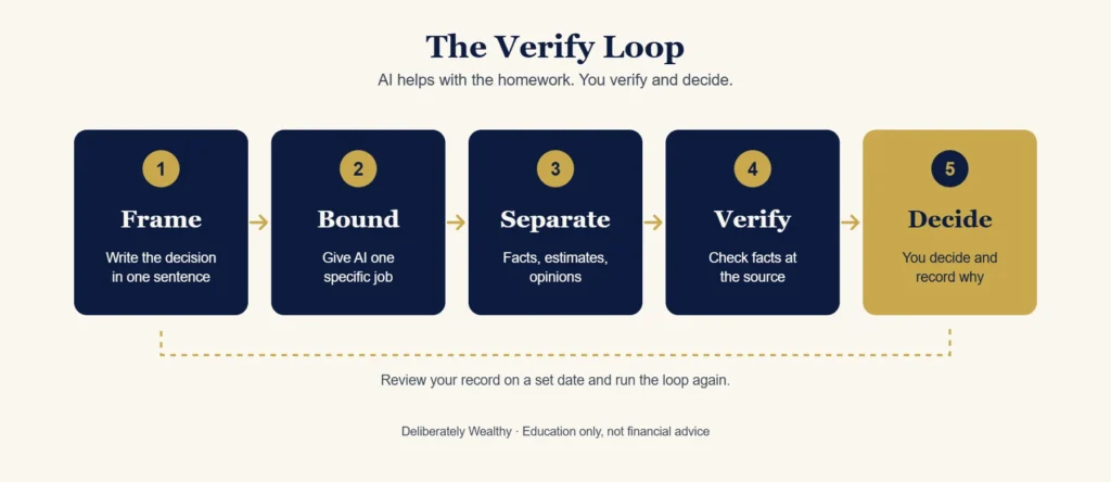 The Verify Loop: How to Use AI to Review Your Money Decisions Without Trusting It Blindly Five-step Verify Loop: frame, bound, separate, verify, decide.